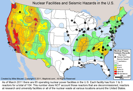 shapefile map of nuclear reactors and seismic hazards in the U.S. nuclear facilities and seismic hazards